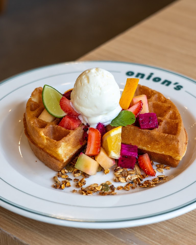 Fruit waffle with ice cream